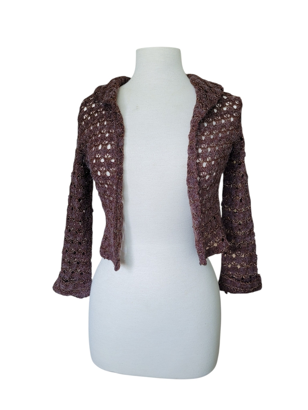 Y2K Fairy Grunge Cropped Shrug Cardigan Open Knit Brown With Gold Small